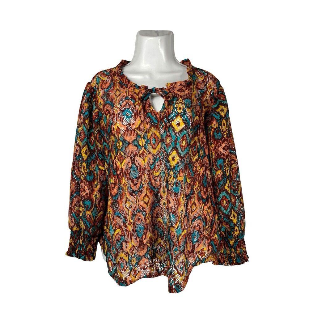 Cato XL Womens Boho Lace Blouse Retro Ikat Print Tie Neck Balloon Sleeve Top